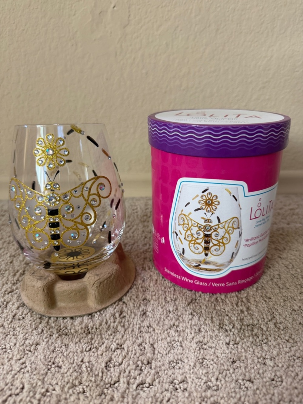Lolita Gold Butterfly Stemless Wine Glass with Pink and Purple Box
